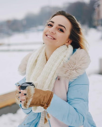 SATINIOR Women Fur Fingerless Gloves Winter Rabbit Fur Lined Half Finger Mittens for Women Girls Teen Working Writing