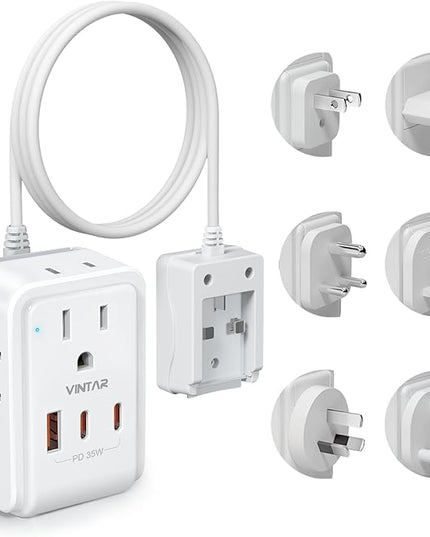 Universal Travel Adapter Kit, VINTAR 35W 5FT Detachable Extension Cord with 4 AC and 3 USB Ports(2 USB-C), Type A, C, D, G, I, M International Power Adapter for EU/India/South Africa