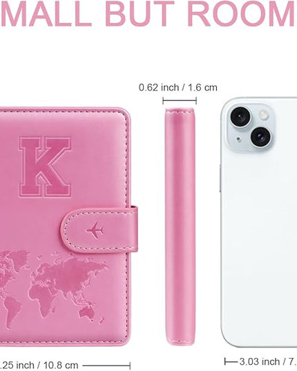 Passport Holder Cover Initail Letter A-Z Travel Wallet Embossed Design RFID Blocking Card Holder Personalized Gift Passport Cover Wallet, Passport Book Holders for Women and Girls, Pink-K