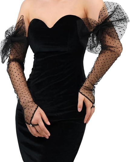 Long Fingerless Lace Gloves with Bow Polka Dot Wedding Bridal Mesh Sheer Gloves Long Opera Party Accessories
