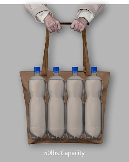 TOPDesign 3-Pack Canvas Tote Bags with an External Pocket, Reusable Grocery Shopping Bags, Top Zipper Closure, Daily Essentials (Brown)