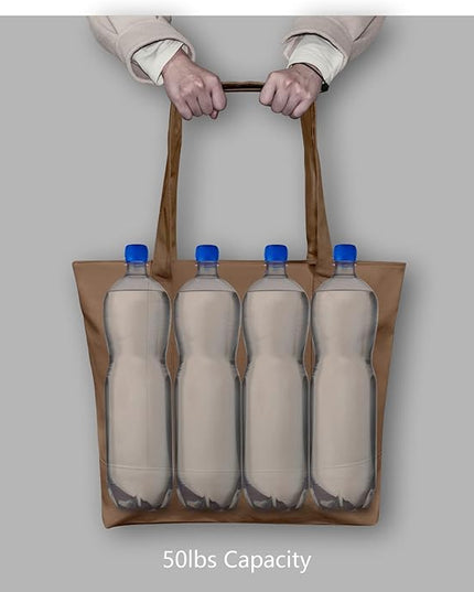 TOPDesign 6-Pack Canvas Tote Bags with an External Pocket, Reusable Grocery Shopping Bags, Top Zipper Closure, Daily Essentials (Brown)