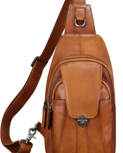 Genuine Leather Sling Bag for Women and Man Handmade Retro Hiking Crossbody Backpack Purse Chest Shoulder Daypack