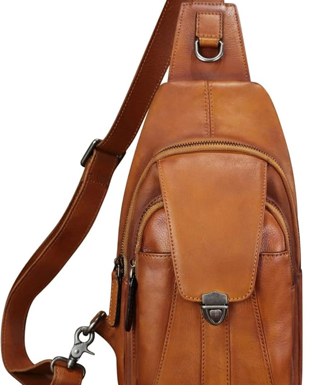 Genuine Leather Sling Bag for Women and Man Handmade Retro Hiking Crossbody Backpack Purse Chest Shoulder Daypack