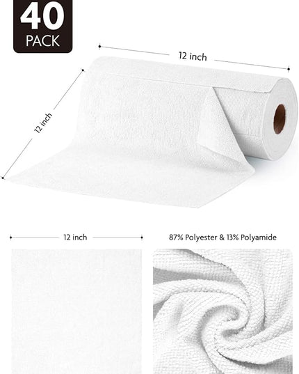 Fantasticlean Microfiber Cleaning Cloth Roll -40 Pack, Tear Away Microfiber Towels, 12" x 12", Reusable, Washable, Scratch Free, Ultra Absorbent Dishcloth for All-Around Cleaning Supplies (White)