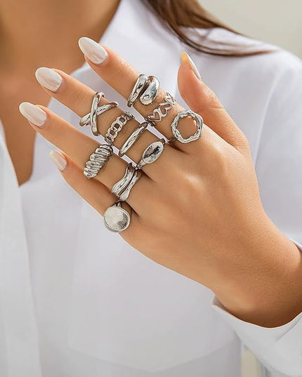 GiftInBox Gold Chunky Rings Set for Women Open Stacking Knuckle Ring Adjustable Round Dome Rings Set Minimalist Irregular Statement Women Ring Jewelry Gift