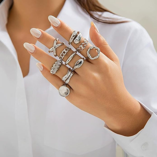 GiftInBox Gold Chunky Rings Set for Women Open Stacking Knuckle Ring Adjustable Round Dome Rings Set Minimalist Irregular Statement Women Ring Jewelry Gift