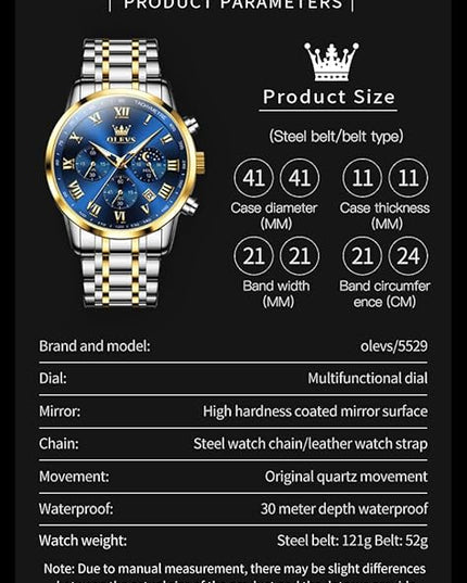 OLEVS Mens Watch Luxury Big Face Stainless Steel Analog Quartz Multifunctional Waterproof Luminous Date Two Tone Fashion Dress Wrist Watches for Man
