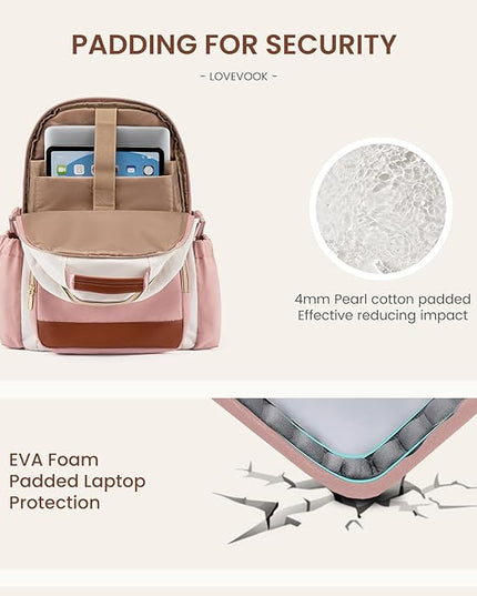 LOVEVOOK Laptop Backpack for Women with Pouch Pocket for Large Capacity Cup,15.6 Inch Teacher Nurse College Work Backpack Purse,Waterproof Laptop Bag Computer Back Pack for Travel, Beige-Pink-Brown
