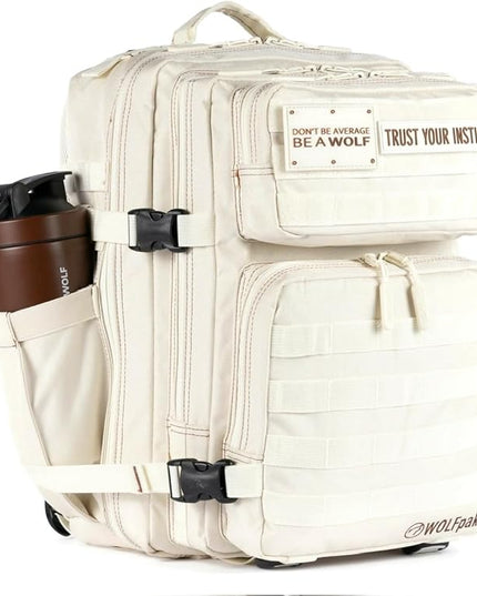 WOLFpak 35L Athletic Gym Backpack - Durable 1000D Waterproof Oxford Material with MOLLE Webbing, Laptop Pocket & Dual Cup Holders, Durable Fitness/Travel/Military Daypack (Vanilla)