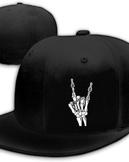 Skull Finger Flat Bill Hats for Men Black Mens Snapback Hat Baseball Cap Fitted Hat Rock N Roll Skeleton Hand Snap Backpack