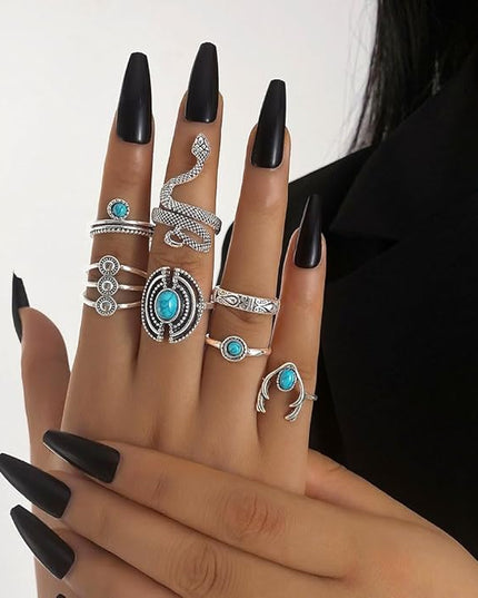 KISS WIFE Cool Rings Set for Women, Vintage Silver Punk Rings Bulk, Gothic Chunky Knuckle Emo Stackable Finger Ring Pack Western Jewelry Gift for Her