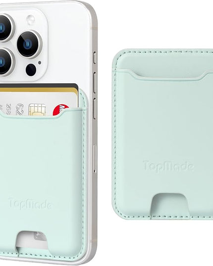 TopMade Phone Card Holder, Premium Leather Phone Wallet Stick on, Stronger 3M Adhesive Credit Card Holder for Back of Phone Case, iPhone, Samsung, and Android, RFID Blocking, Fit 4 Cards, Green