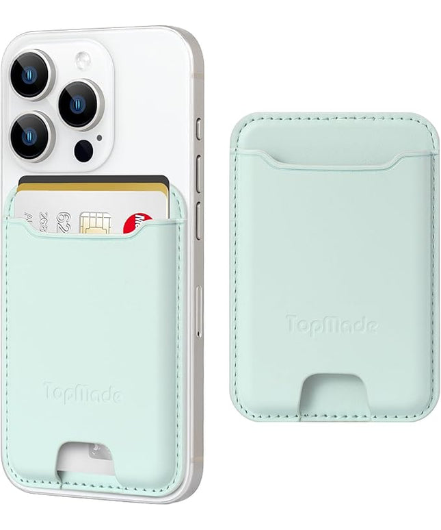 TopMade Phone Card Holder, Premium Leather Phone Wallet Stick on, Stronger 3M Adhesive Credit Card Holder for Back of Phone Case, iPhone, Samsung, and Android, RFID Blocking, Fit 4 Cards, Green