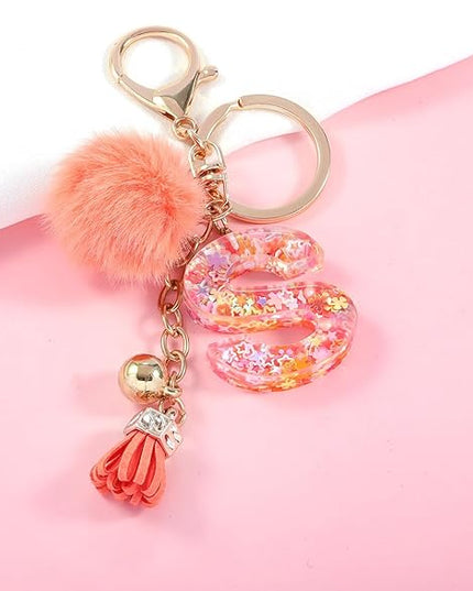 Resin Alphabet Initial Letter Keychain Keyring for Women Purse Handbags With Fur Ball Pom
