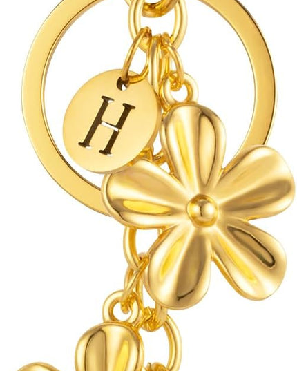 XGALBLA Gold/Silver Initial Keychain Flower Charms for Key Cute Letter Keyring for Purse Handbag Backpack
