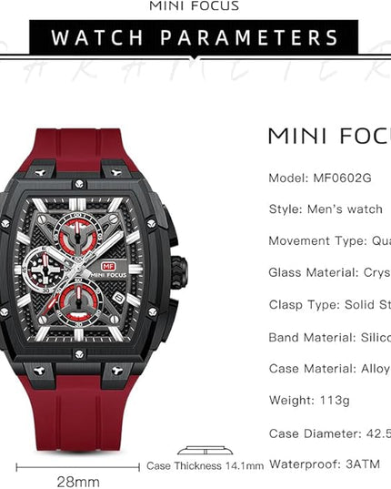 MF MINI FOCUS Men's Watch Analog Fashion Wrist Watch, Skeleton Tonneau Watch for Men with Chronograph,Ideal for Sports Enthusiasts and Daily Wear