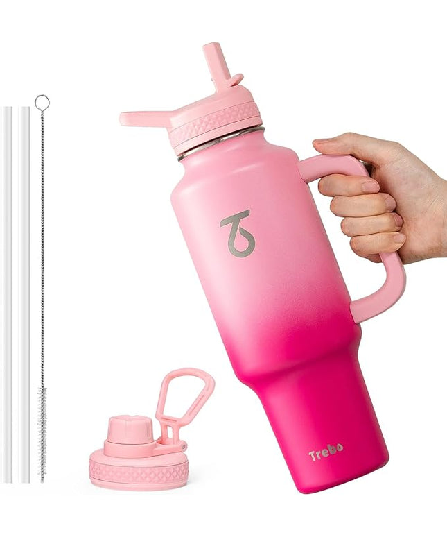 Trebo 40 oz Water Bottle Insulated with Handle, Leakproof Keep 24hrs Cold &Hot,Stainless Steel Travel Tumbler that Fits in Car Cup Holder with Straw Lids,Pink Reusable Water Bottles for women