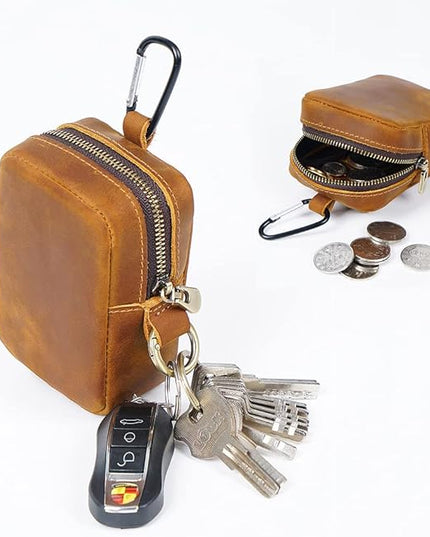 Wugebud 1 Pcs Leather Coin Pouch Keychain, Leather Mini Belt Bag,Coin Organizer, Change Holder, Leather zipper Pouch for Men & Women，Outdoor Running Sports Mini Storage Bag
