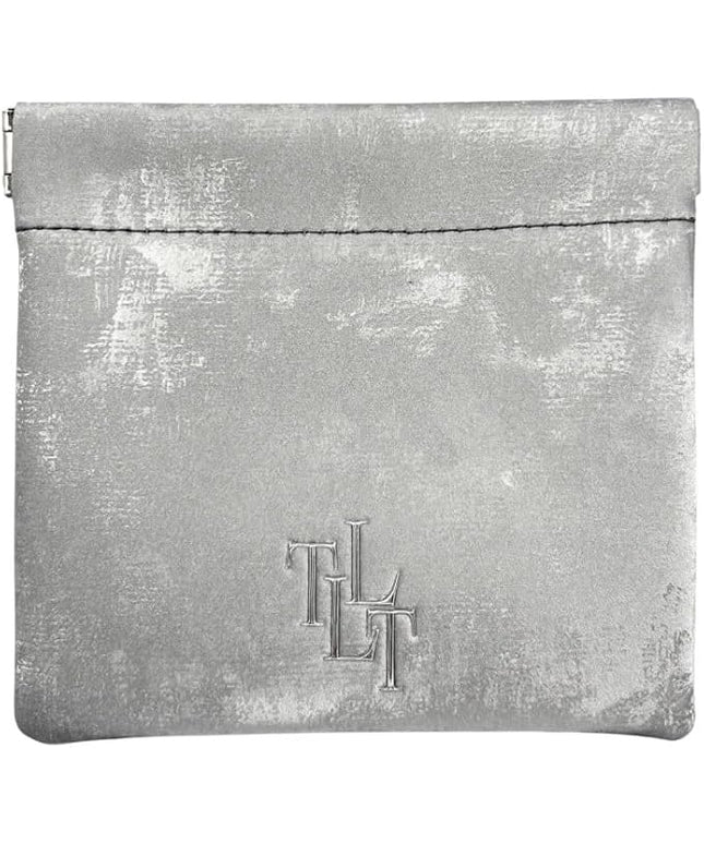 Satin Mini Pouch – Genuine Leather Small Makeup Bag, Travel Jewelry Organizer, Soft Cosmetic Pouch, Coin Purse, Gift Box and Dust Bag Included (Silver)