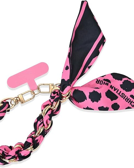 Fycyko Phone Wrist Strap with Gold Metal Scarf and Universal Tether Tab, Aesthetic Print Design Ribbon Chain, Multi-Purpose Accessories for Bag Key Cellphone for Men Women Girls-Hot Pink Leopard