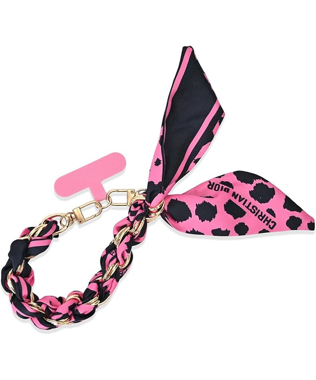 Fycyko Phone Wrist Strap with Gold Metal Scarf and Universal Tether Tab, Aesthetic Print Design Ribbon Chain, Multi-Purpose Accessories for Bag Key Cellphone for Men Women Girls-Hot Pink Leopard