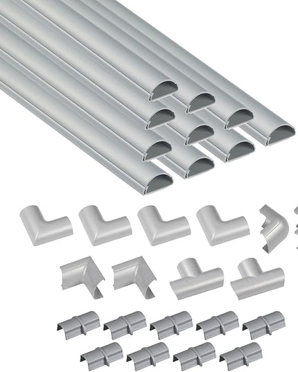 D-Line 157in Cord Cover Kit, Self-Adhesive Wire Hiders, Cable Raceway to Hide Wires on Wall, Electrical Cable Management - 10x 15.7 Lengths & 19 Accessories - 1.18" (W) x 0.59" (H) - Gray