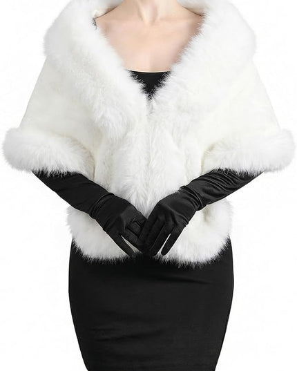 Zhanmai 2 Pcs Winter Long Shawl Cloak Stretchy Glove Opera Bridal Dance Gloves for Women Dress Party Coat