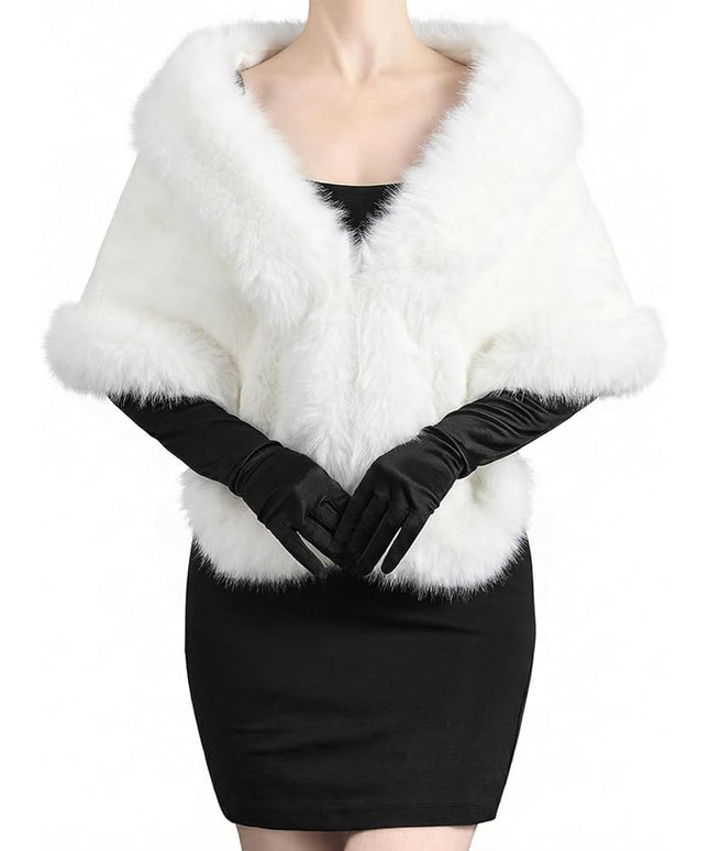 Zhanmai 2 Pcs Winter Long Shawl Cloak Stretchy Glove Opera Bridal Dance Gloves for Women Dress Party Coat