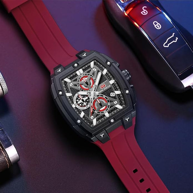 MF MINI FOCUS Men's Watch Analog Fashion Wrist Watch, Skeleton Tonneau Watch for Men with Chronograph,Ideal for Sports Enthusiasts and Daily Wear
