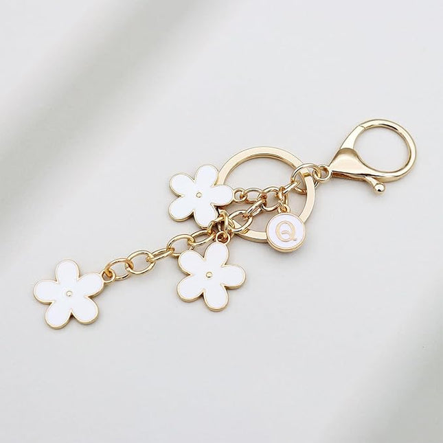 Cute Initial Letter Keyring for Women Girls Nice Flower Keychains for Handbag Backpack