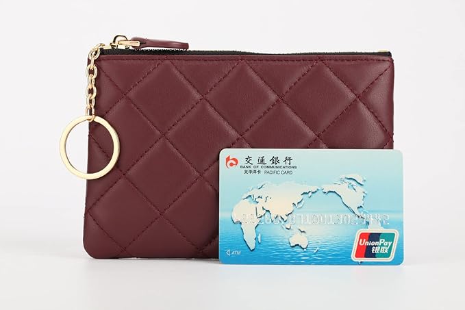 DORIS&JACKY Soft Lambskin Leather Coin Purse Small Quilted RFID Blocking Top Zipper Wallet With Key Chain