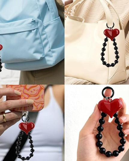 Red Heart Phone Charm Strap Black Beaded Phone Lanyard Cute Bag Charms for Handbags Cellphone Chain Wristlet Heart Bag Charm Purse Keychain for Women Cellphone Keychain Beaded Camera Wrist Strap