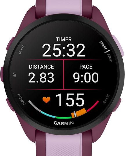 Wearable4U Garmin Forerunner 165 Music Running Smartwatch, Colorful AMOLED Touchscreen, Training Metrics and Recovery Insights Includes PowerPack +Adapters Bundle, Berry/Lilac