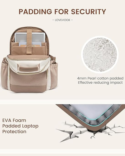 LOVEVOOK Laptop Backpack for Women with Pouch Pocket for Large Capacity Cup,18 Inch Laptop Computer Bag Travel Backpack Purse,Waterproof Work Business Backpack College Teacher Bags,Beige-Khaki