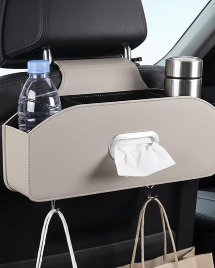 Car Seat Back Organizer with Tissue Box, Multifunctional Backseat Organizer for Car Interior Storage, Seat Back Storage Organizer for Phone, Drinks, Snacks & Handbags (White)