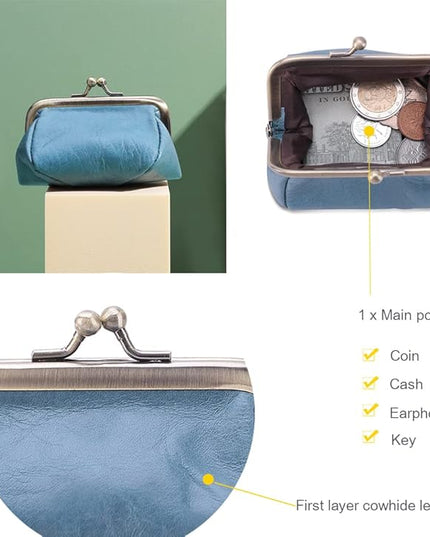 Plinvo Mini Genuine Leather Coin Purse for Women Vintage Kiss Lock Change Organizer Blue (Blue)