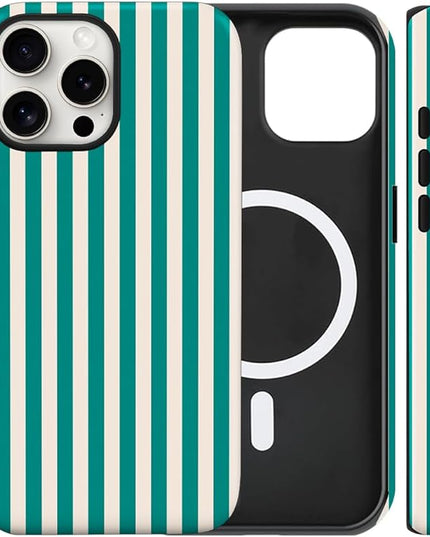 Magnetic for iPhone 13 Pro Max Case Cute Stripes Phone Case, Shockproof Slim TPU and Hard PC Protective Phone Cover Compatible with MagSafe Designed for Women Girls, Emerald Green