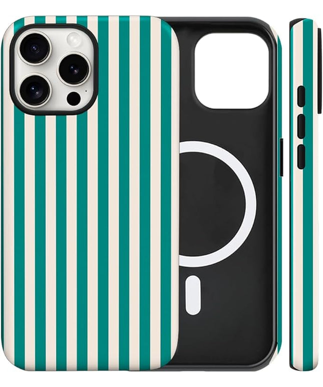 Magnetic for iPhone 13/14 Case Cute Stripes Phone Case, Shockproof Slim TPU and Hard PC Protective Phone Cover Compatible with MagSafe Designed for Women Girls, Emerald Green