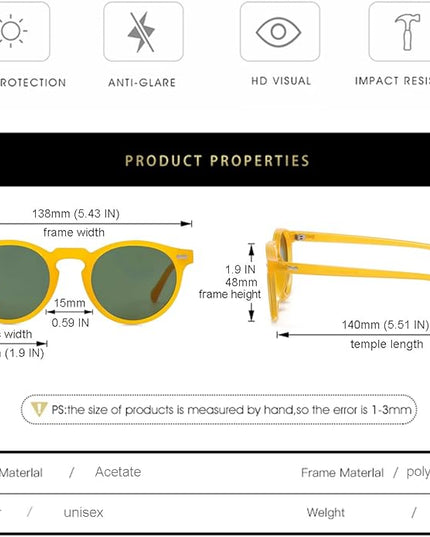 Gleyemor Vintage Polarized Sunglasses for Men Round Sunglasses UV400 Protection Retro Hand-crafted Acetate Frame