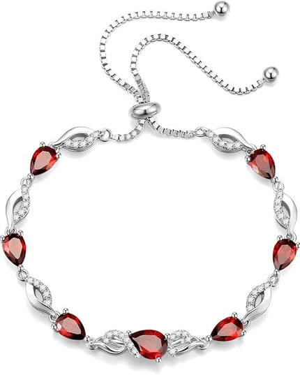 FANCIME Birthstone Teardrop Tennis Bracelet for Women, Sterling Silver 9x7mm main Gemstone Bolo Adjustable Chain Bracelet Fine Jewelry Birthday Gifts for Women Mom Wife Her