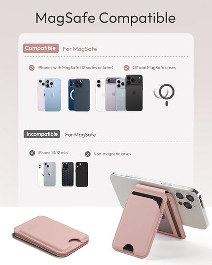 Magnetic Wallet for iPhone, Compatible with MagSafe Adjustable Stand Wallet, RIFD Blocking Leather Magnetic Card Holder for iPhone 17/16/15/14/13/12 Series, Not for iPhone 13/12 Mini(Pink)
