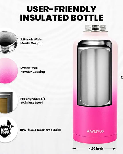 Insulated Water Bottle 87 oz, Triple Wall Vacuum Stainless Steel (Cold for 48 Hrs), Leak Proof & Non-BPA, Modern Water Flask Jug with Paracord Handle & Straw Spout Lids, Ombre Pink