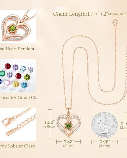 CDE Christmas Gifts for Women S925 Silver Rose Gold Heart Birthstone Necklaces for Women，Ideal Anniversary or Birthday Jewelry Gifts for Wife Girlfriend Her