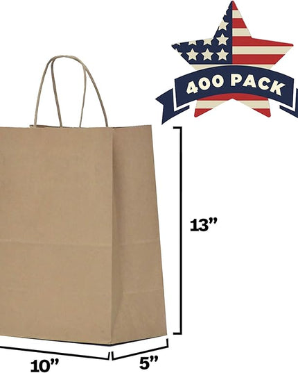 Qutuus Paper Bag with Handles, 400 Pcs 10x5x13 Inch Brown, Recycled Paper Gift Bags, Shopping Bags, Bulk, Eco-Friendly