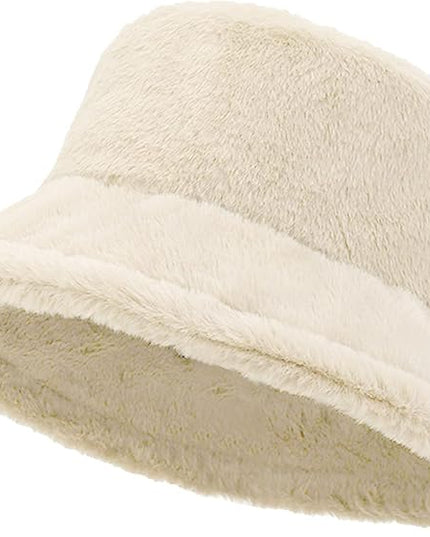 Women Plush Fluffy Bucket Hat Warm Lining Winter Faux Fur Cozy Wide Brim Winter