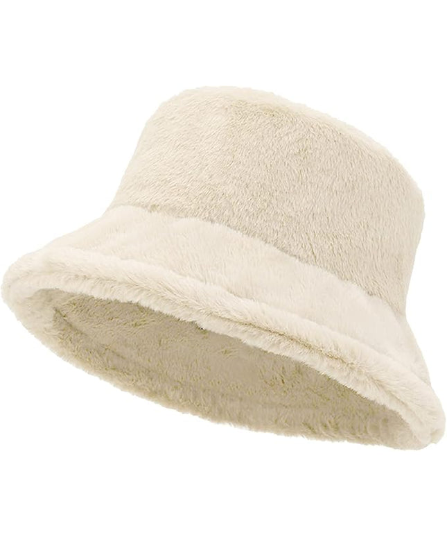 Women Plush Fluffy Bucket Hat Warm Lining Winter Faux Fur Cozy Wide Brim Winter