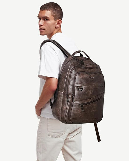 43L Backpack for Women Men - Vegan Leather Backpack Purse Travel Carry-on Bag College Bookbag Work fits 17" Laptop, Coffee