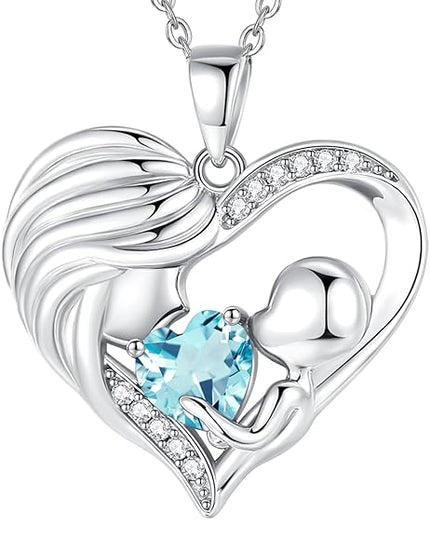 FANCIME Mom Birthstone Necklace Mother and Child Love Heart Necklace I Love You Mom Gifts Mothers Day Birthstone Jewelry Gifts for Grandmother Women Wife, 16"+2" Inches
