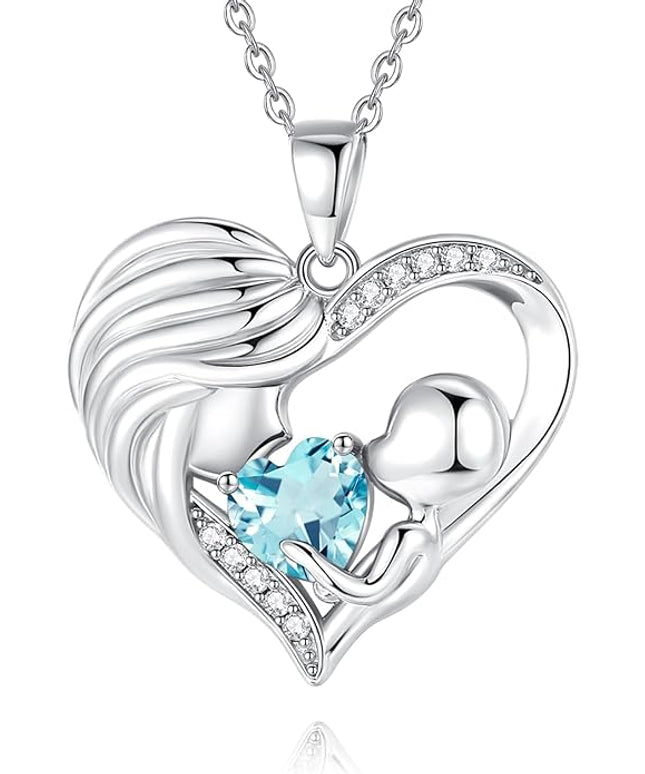 FANCIME Mom Birthstone Necklace Mother and Child Love Heart Necklace I Love You Mom Gifts Mothers Day Birthstone Jewelry Gifts for Grandmother Women Wife, 16"+2" Inches